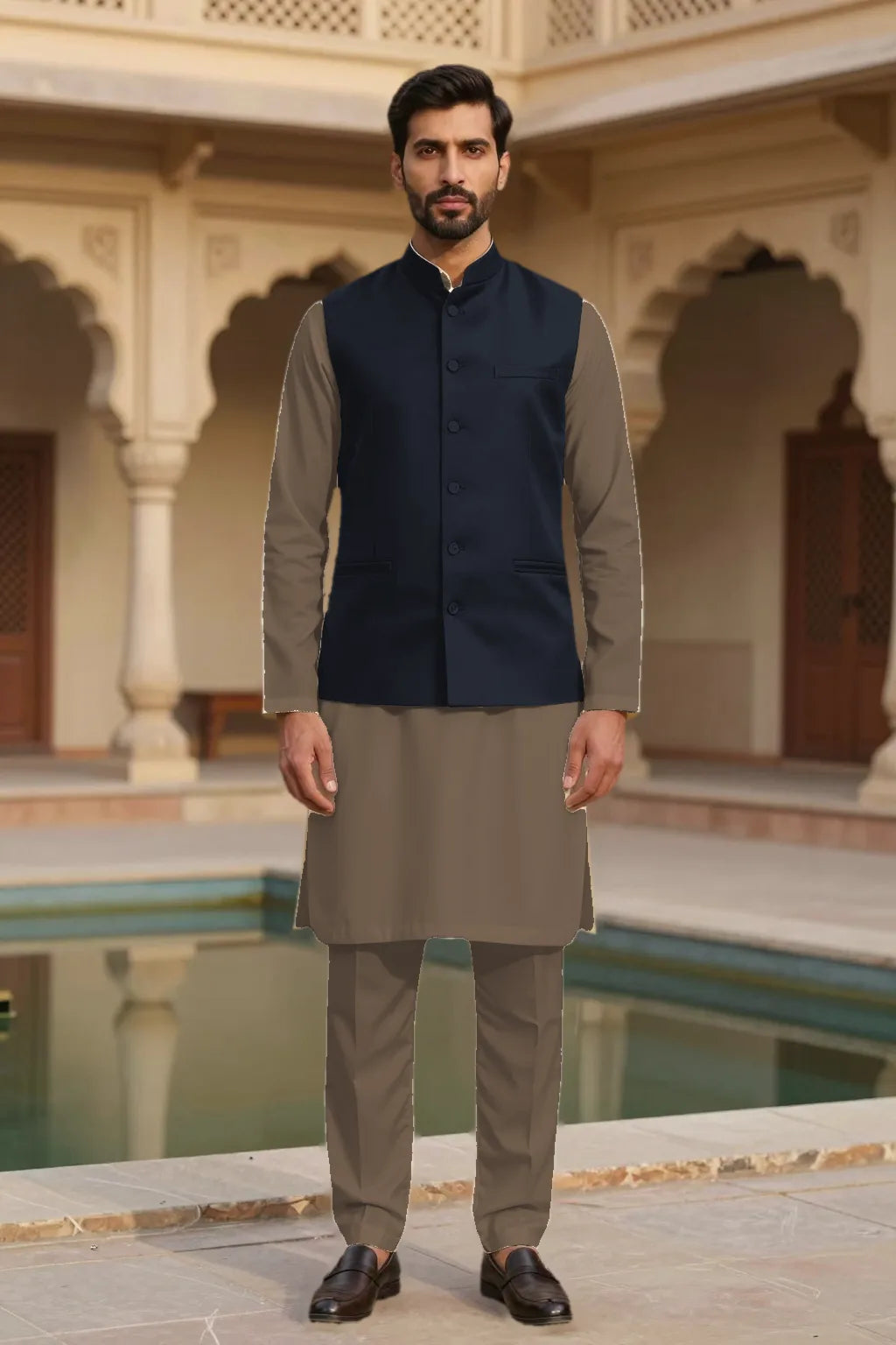 Model visualisation of a three-piece shalwar kameez and waistcoat