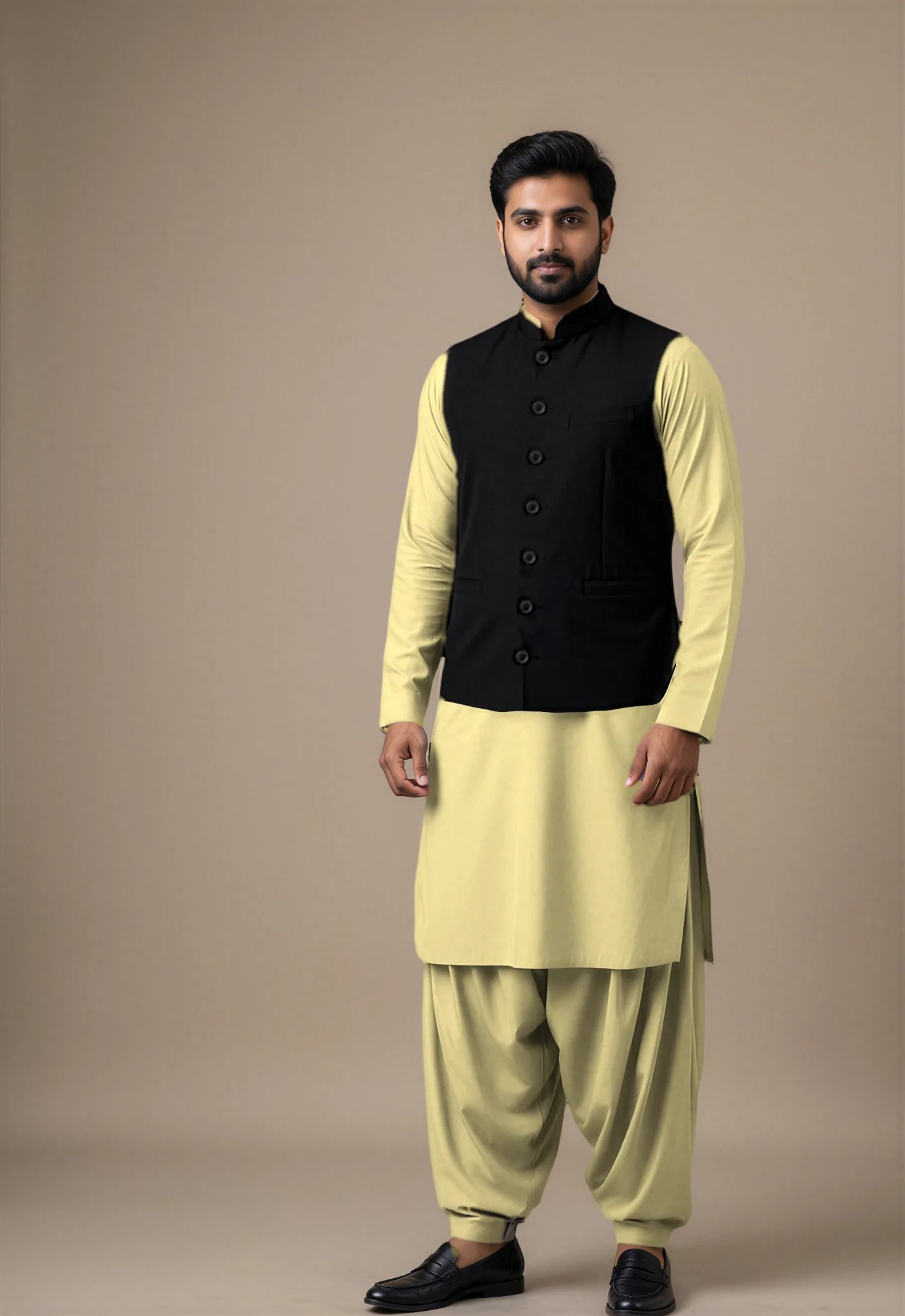 Model visualisation of a three-piece shalwar kameez and waistcoat