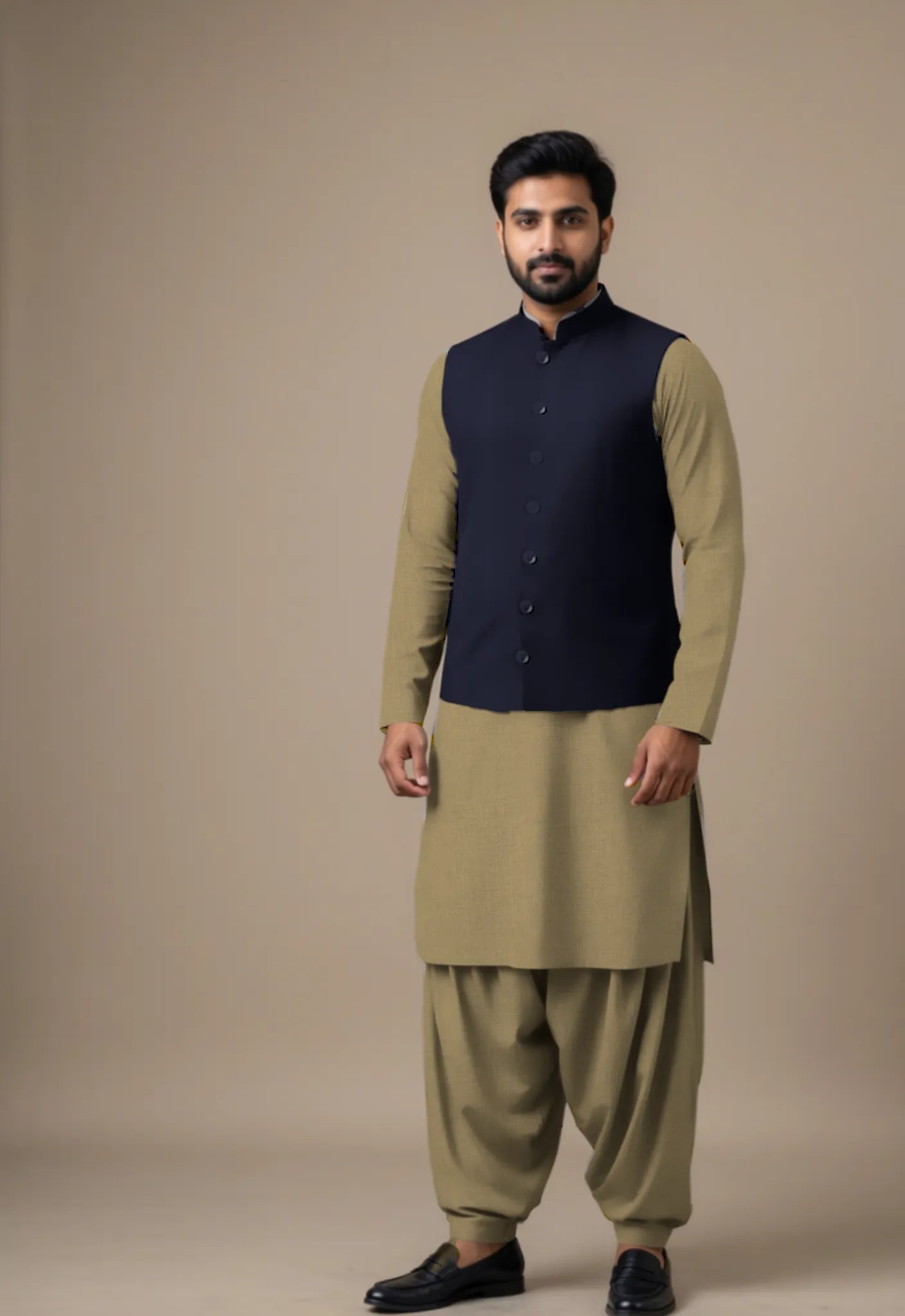 Model visualisation of a three-piece shalwar kameez and waistcoat