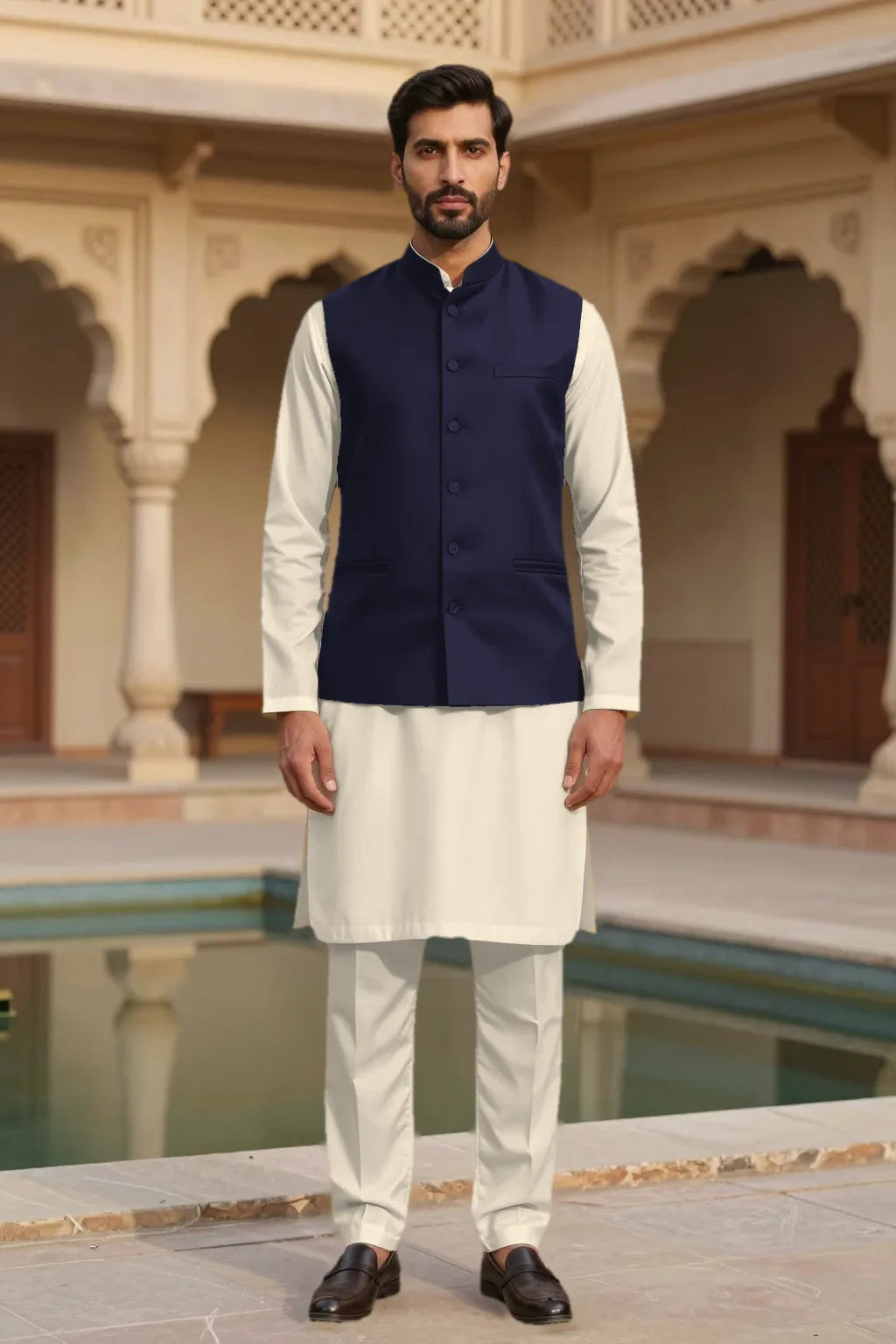 Model visualisation of a three-piece shalwar kameez and waistcoat